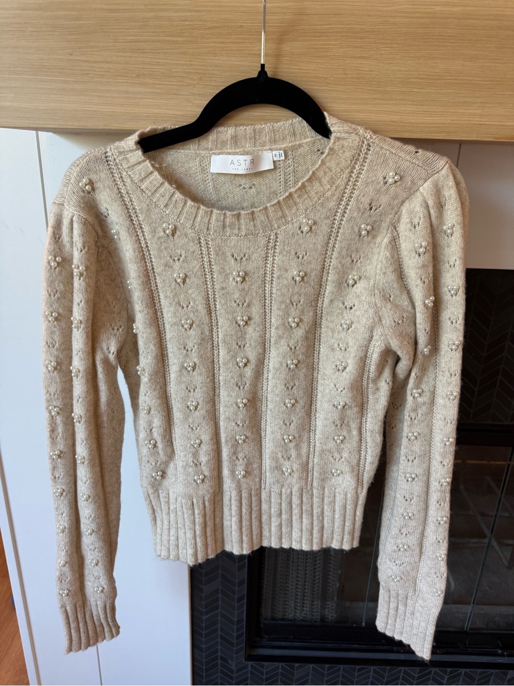 ASTR Cream Pearl-Accent Cable Knit Crew Sweater